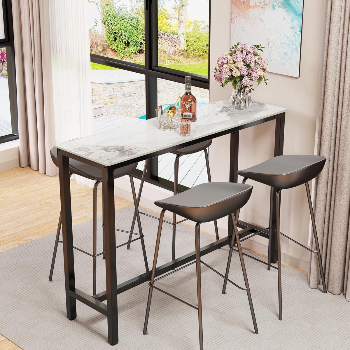 Bartafel, smaragd, wit, bistrotafel, marmer, statafel, keuken, keukentafel, rechthoekig, smal, met zwart metalen frame, voor keuken, woonkamer, eetkamer, 120 x 40 x 105 cm