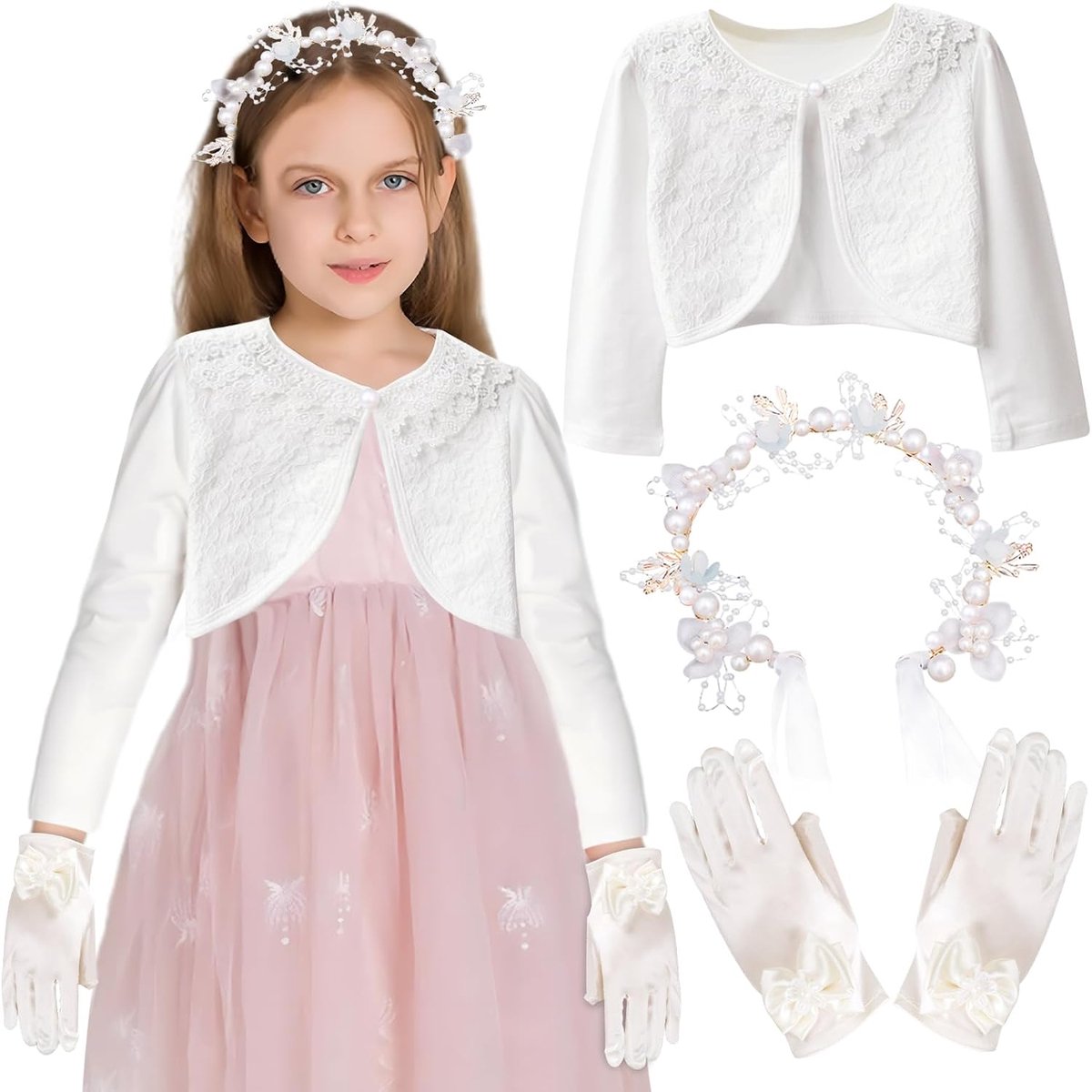 Communiejurk voor meisjes, bolero voor meisjes, wit, haaraccessoires, communie meisjes, handschoenen met strik, communie, geschenken voor meisjes, eerste communie, jurk voor meisjes, maat