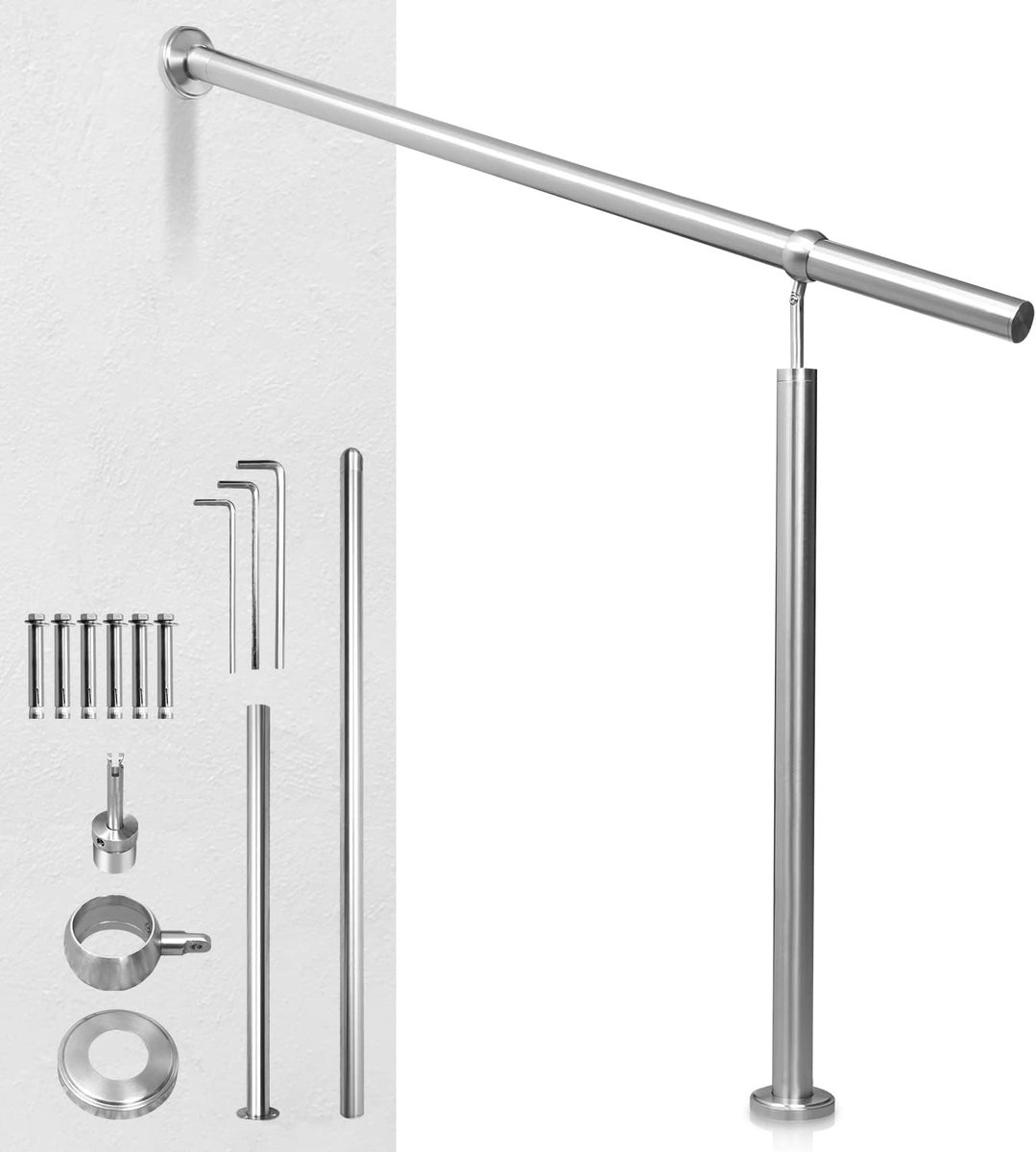 Roestvrij stalen entree-leuning, handrail, zijdelingse montage, instelbare hoek, wandleuning, trapleuning, handrail voor trappen, wandleuning binnen en buiten, trappenhuis - 120cm