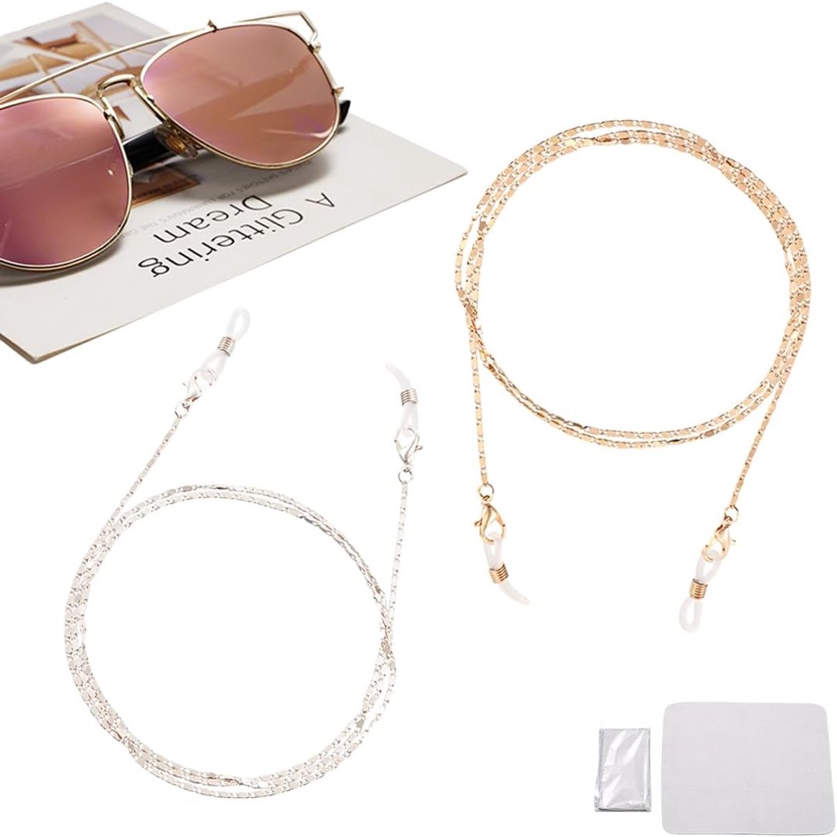 2 stuks brillenkettingen, elegante ketting, antislip band, ketting voor zonnebril, leesbril voor dames, Wit