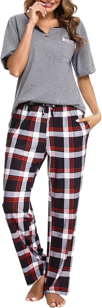 Pyjama voor dames, lang, geruit, korte mouwen, pyjamaset katoen, nachtkleding, grijs, XXL