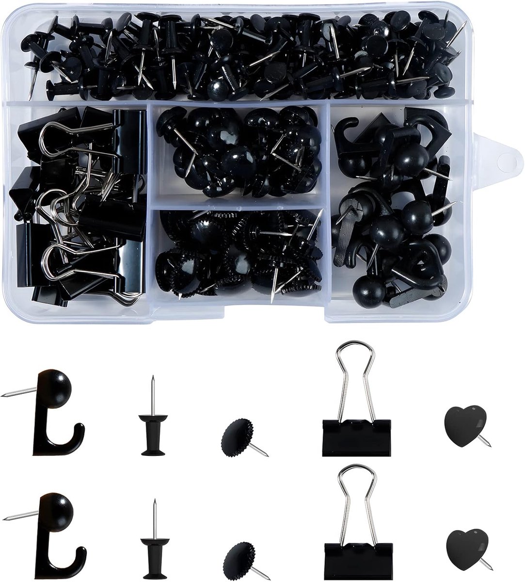 200 stuks zwarte pinnen set, ordnerclips, pushpinhaken, tandwielmarkeringsnaalden, hartvormige pinnen, standaardpunten van kunststof met stalen punt voor kantoor