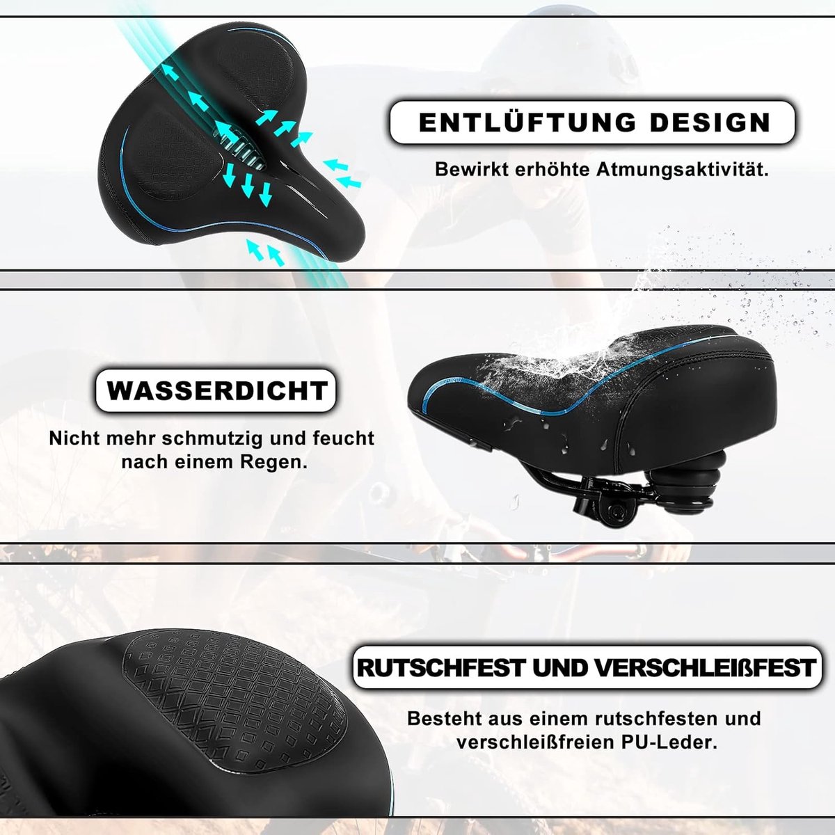 breed fietszadel, waterdicht, ademend, comfortabel, zacht, voor dames en heren, zwart | Ademend en comfortabel, waterdicht PU, geschikt tot 120 kg voor stadsfiets e-bike