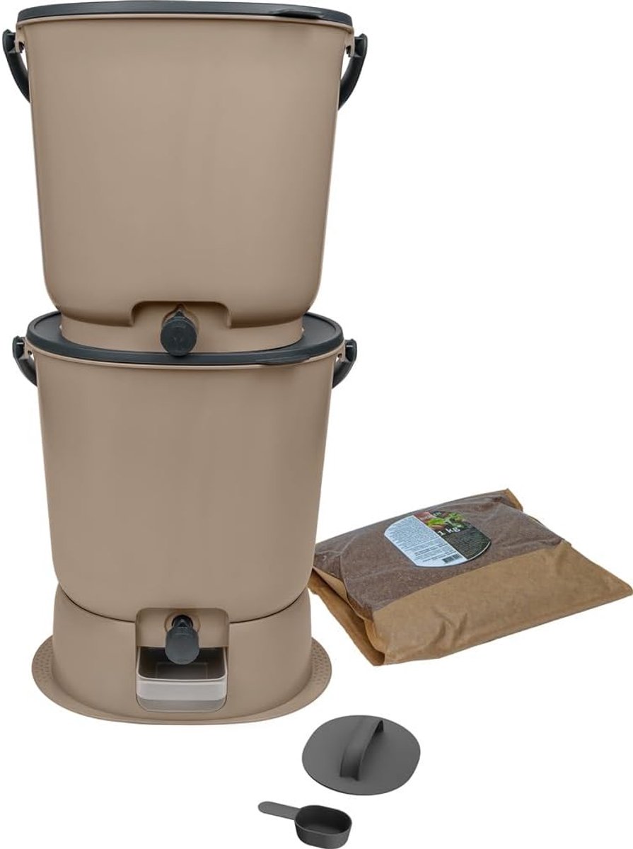 Set van 2 Bokashi Essential composteerders 15,3 l + 1 kg Brain + 1 Base Capuccino