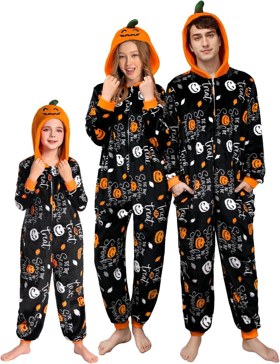 Familie Matching Kerst Pyjama, Capuchon Onesie Pj's voor Carnaval & Halloween, Flanellen Feestdagen Nachtkleding (L, Pompoen)