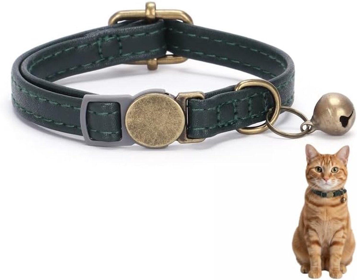 Kattenhalsband met bel, groen leer, verstelbaar 15-35 cm, lichtgewicht** | 18g lichtgewicht ontwerp, zacht leer, elastisch gedeelte, inclusief bel