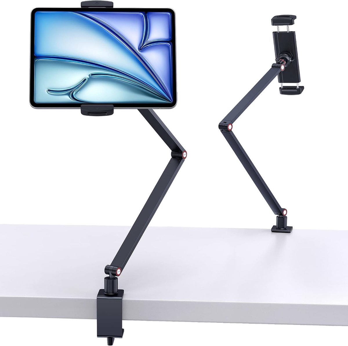 Stand Houder, Aluminium iPad Houder voor Bureau, Verstelbare Armklembevestiging met 360° Draaibare Basis, Compatibel met 4.7''-13'' iPad Pro/Air/Mini, iPhone, Kindle, Fire HD