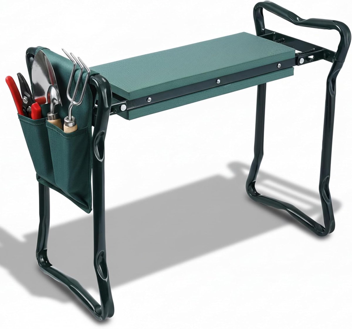 groen, zacht kniekussen, 2-in-1 EVA-schuimkussen, tuinkruk met 1 zak, inklapbaar, kniehulp, tuinieren, tot 150 kg, HBT 50 x 60 x 27,5 cm, tuinbank