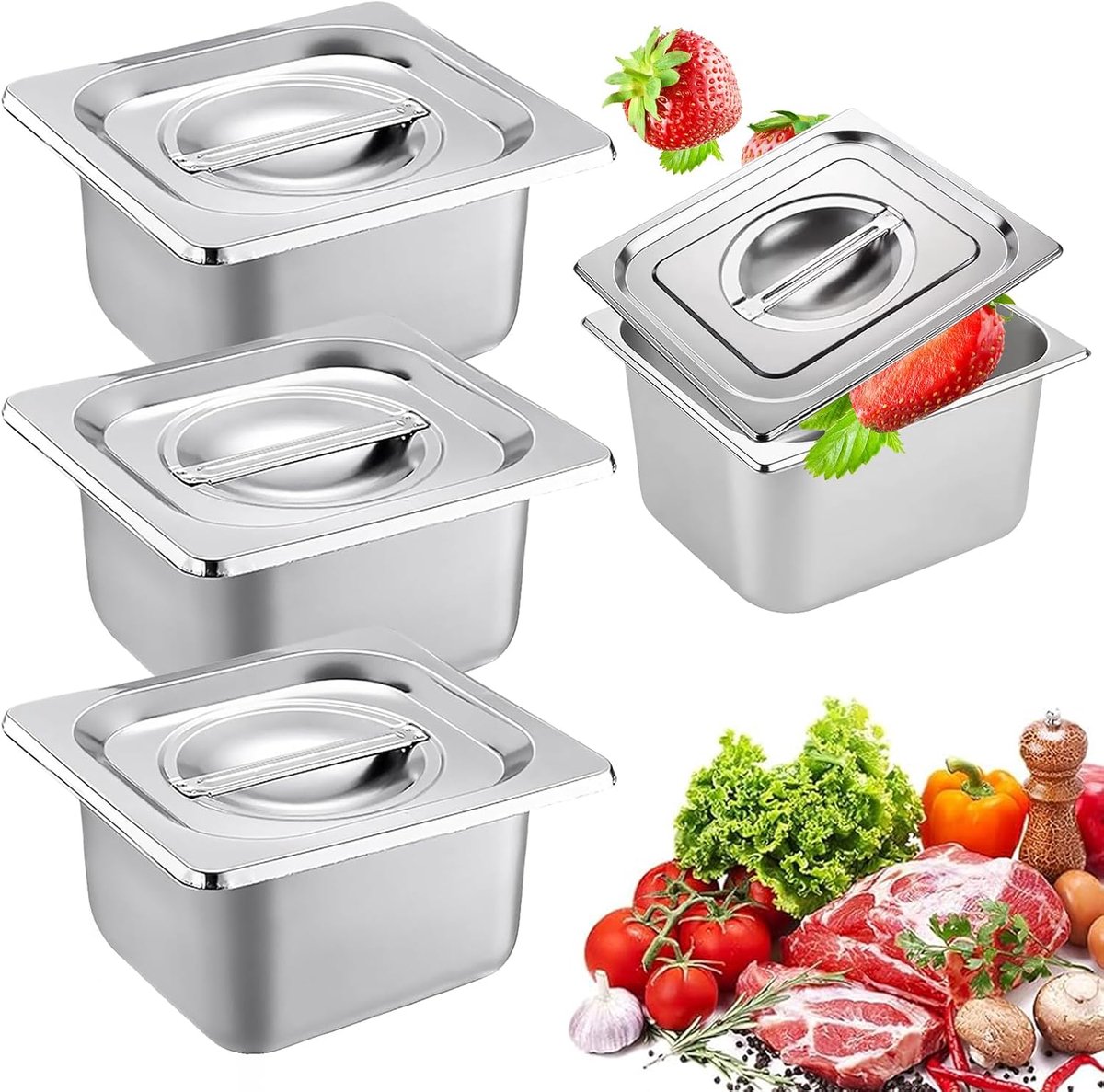3 stuks containers, gastronorm roestvrijstalen panierkommen, panierset met deksel, rectangular GN 1/6, 17,5 x 16,5 x 16,5 x 16,5 x 16,5 x 16,5 x 1