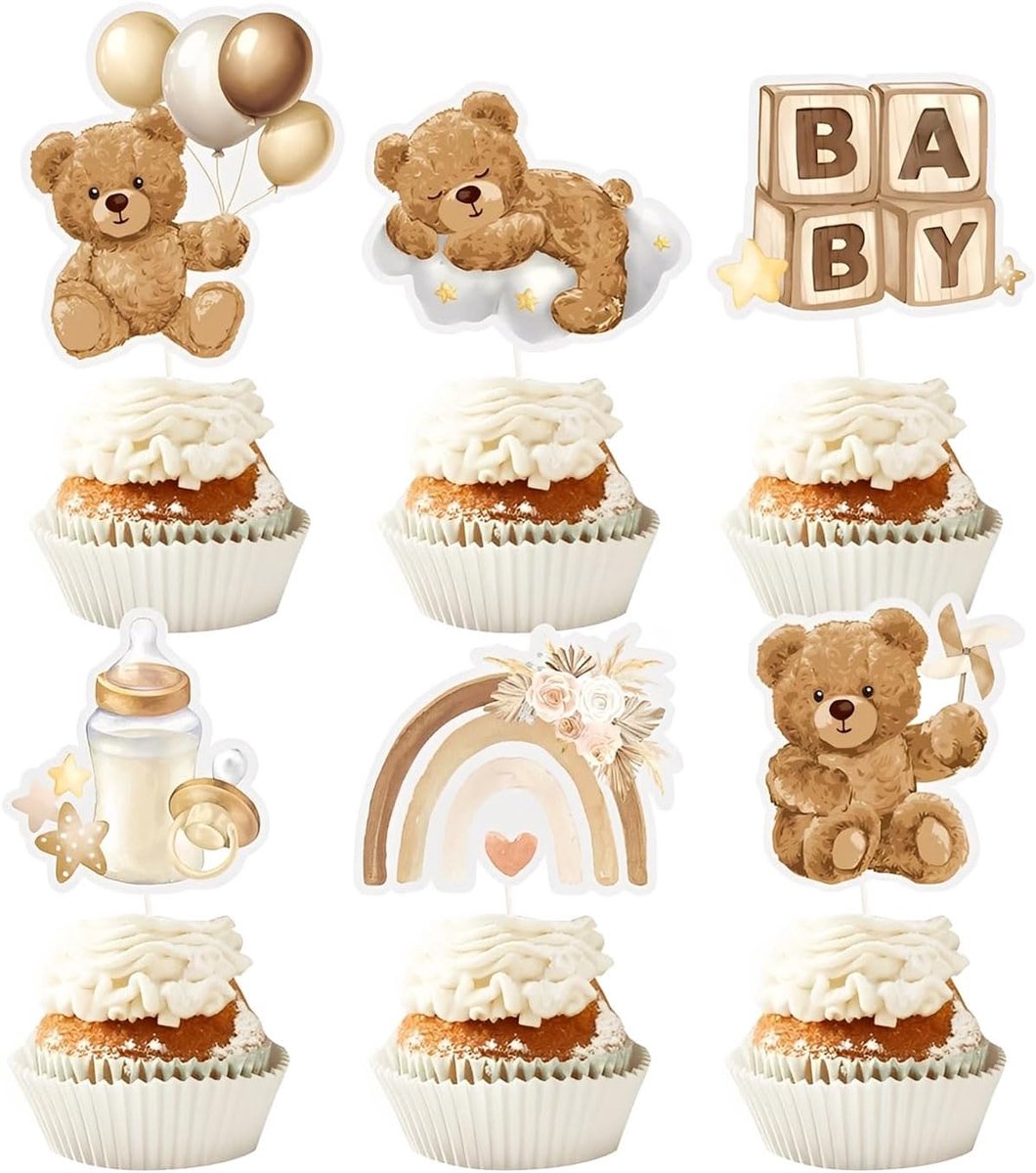 24 stuks taarttoppers doop kind topper taart beer decoratie taart doop geboorte baby feest verjaardag (bruin)