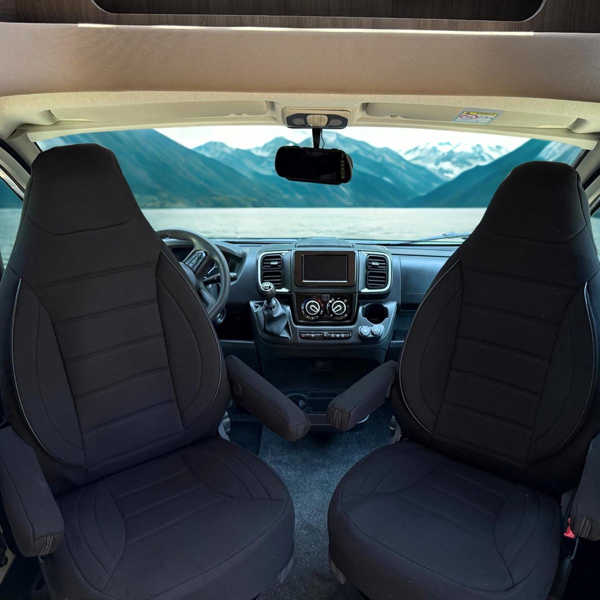 Stoelhoezen, geschikt voor Fiat Ducato, camper, 2-delige set voor bestuurder en bijrijder, met armleuninghoezen, compatibel met Pössl, Knaus, Adria, Carthago e.a., zwart
