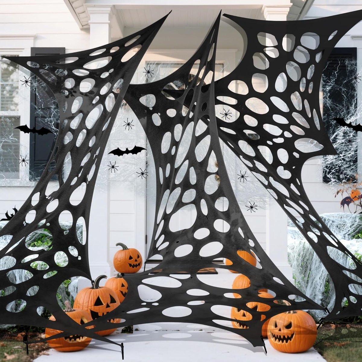 1 x 12 m enorm spinnenweb voor Halloween, zwarte decoratieve spinnenwebben, met 40 g spinnenweb, 40 stuks spinnen, 24 stuks vleermuis, 12 stuks grondankers, Halloween, driehoek, spinnenweven