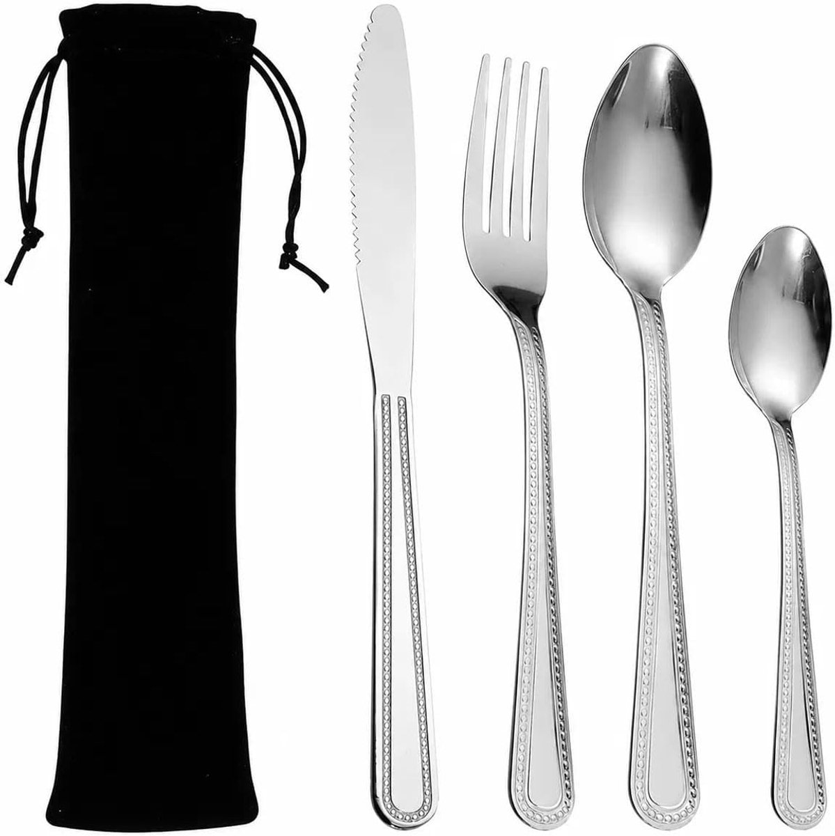 Bestekset 5 Stuks RVS Reisbestek met Tas | Herbruikbaar bestek to go voor camping, picknick, reizen, lunchbox, kantoor, school en outdoor maaltijden