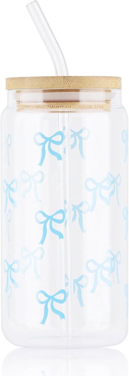glazen bekerset, 16 oz roze schattige tumbler met glazen rietje en houten deksel elegante transparante schattige koffiekopjes esthetische geschenken voor vrouwen meisjes vrienden (blauwe