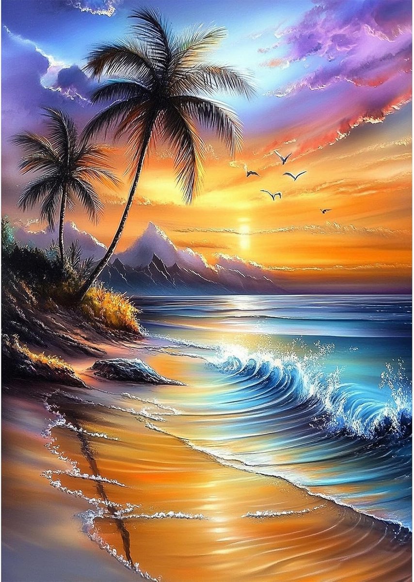Kleurrijke Zonsondergang Diamant Schilderij Set,5D Palmboom Diamantart,DIY Volboor Kristal Borduur Cadeau,Oceaan Golven Handwerk voor Woonkamer Huisdecoratie 30x40cm