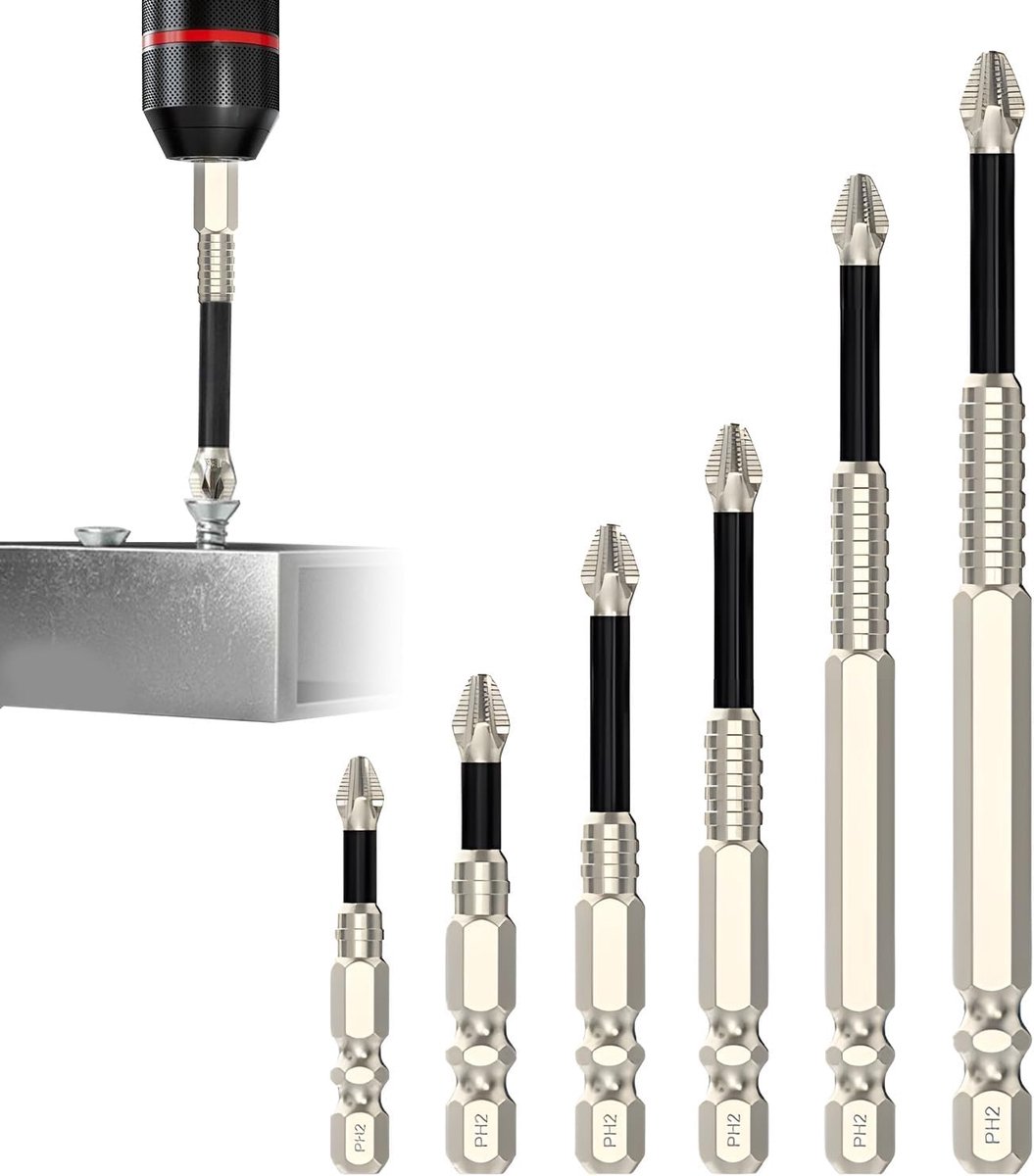 Set van 6 magnetische schroevendraaierbits met antislipgreep en magnetische bit (25-150 mm, 6 lengtes)