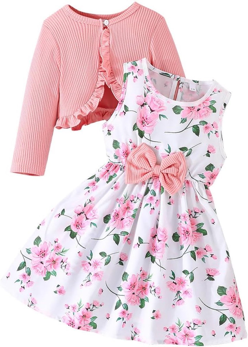 Jurk en gebreid vestje voor meisjes, 2 stuks, bloemenjurken, peuters, kinderen, lange mouwen, mantel, ruches, meisjesjurk voor 2-8 jaar