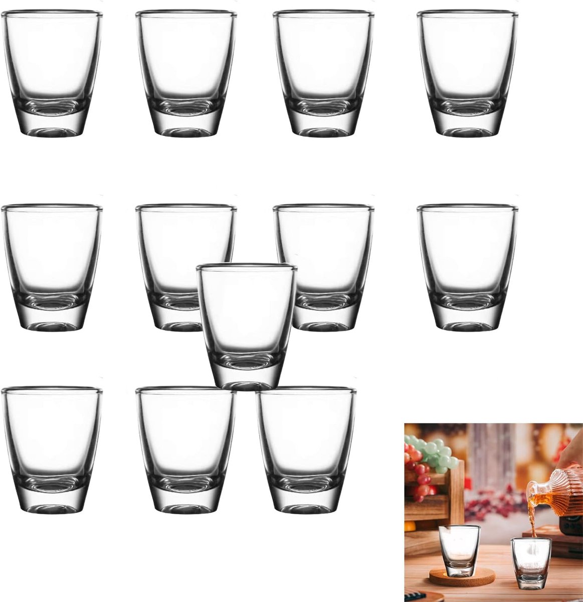 Borrelglaasjes van glas, 12 stuks borrelglazen, 35 ml eiervormig wijnglas, gehard glas, borrelglazen van helder glas met dikke bodem, transparante borrelglazen voor vakanties, tuinen, familiebars