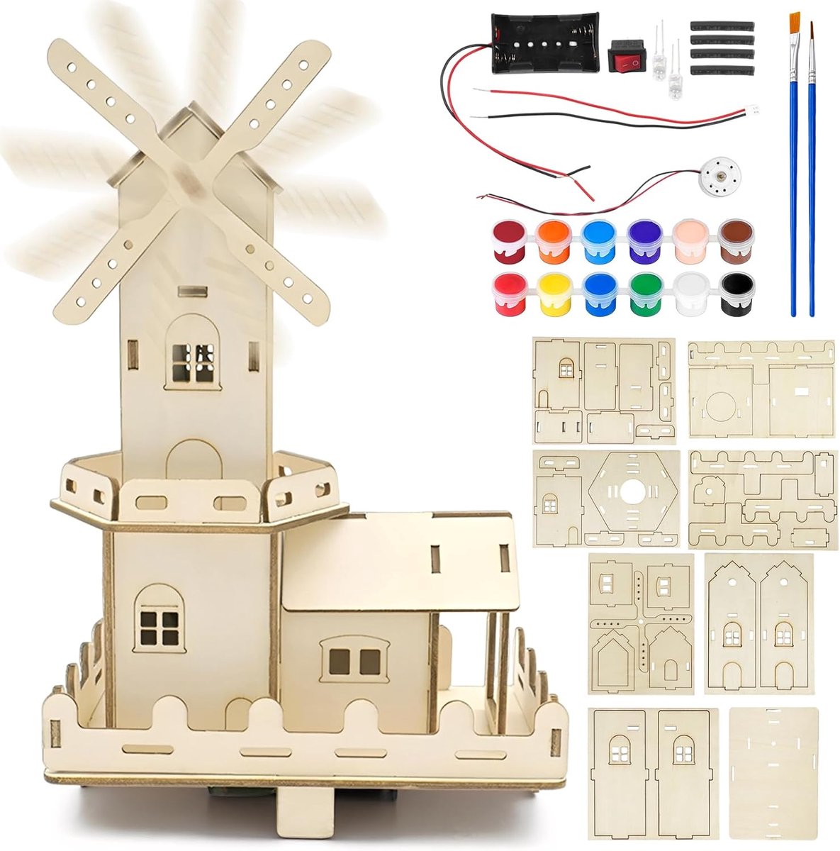 houten windmolen, 3D-puzzel, houten modelbouwset, windmolen, houten puzzels, bouwpakket van hout, doe-het-zelf kunsthandwerk, windmolen om te beschilderen, natuurkundig speelgoed