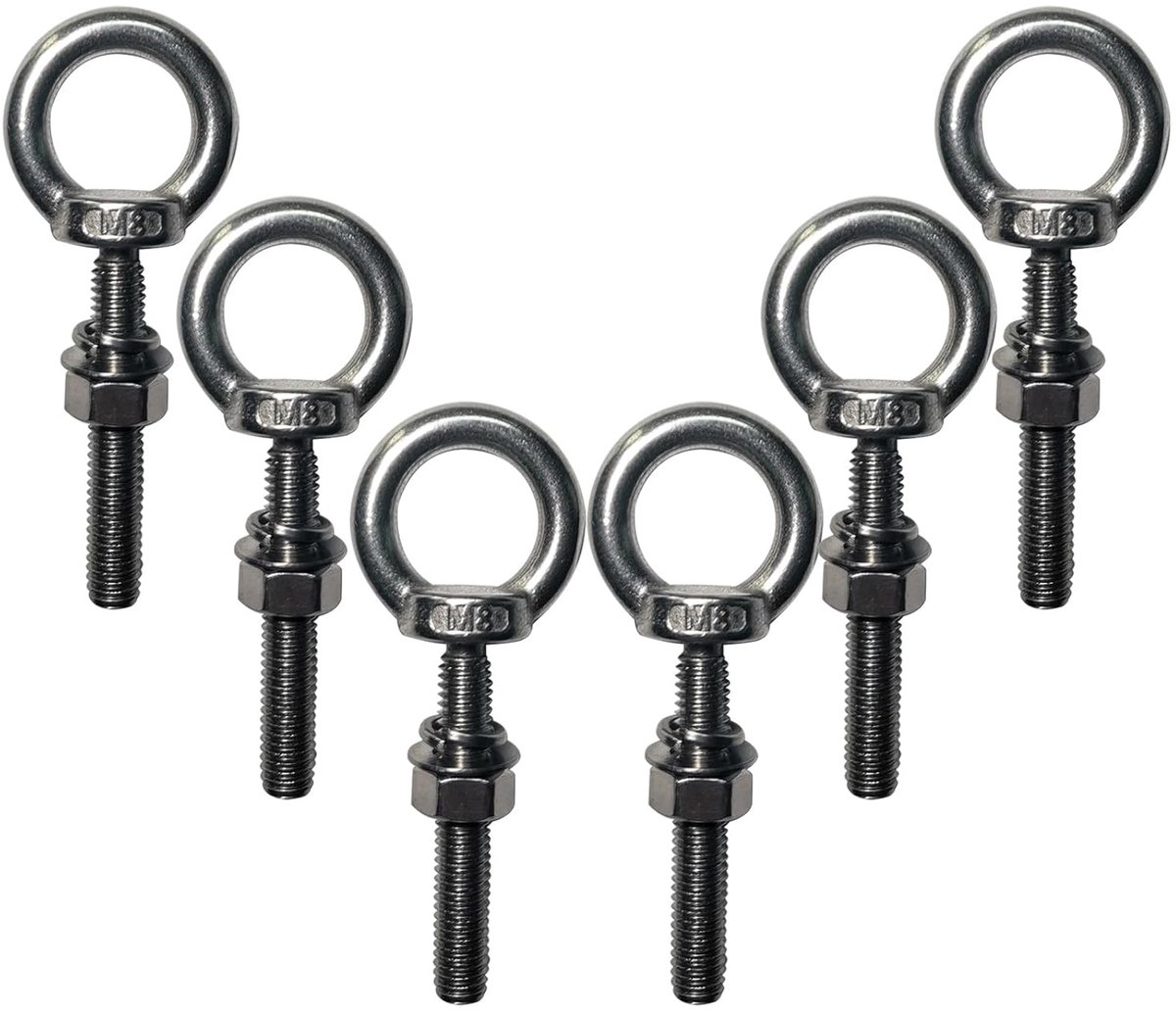 M8 x 50 mm, 6 stuks oogschroeven met zeskantmoeren en sluitringen, oogschroef roestvrij staal, één maat gegoten, ringbouten voor bevestiging en ophanging, ringbouten