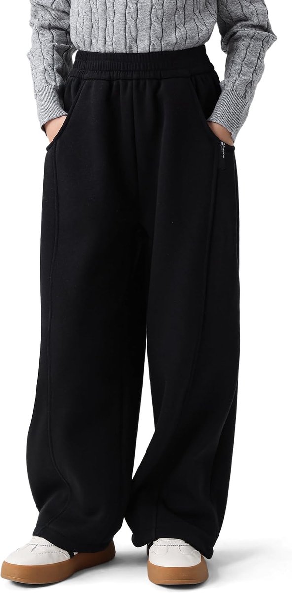 NANU Meisjes Schoolkleding Broek Pull Up Royale Fit Elastische Taille Brede Pijpen Broek 2 Zakken Comfortabele Stretch Casual Zwart Grijs Roze 5-13 Jaar