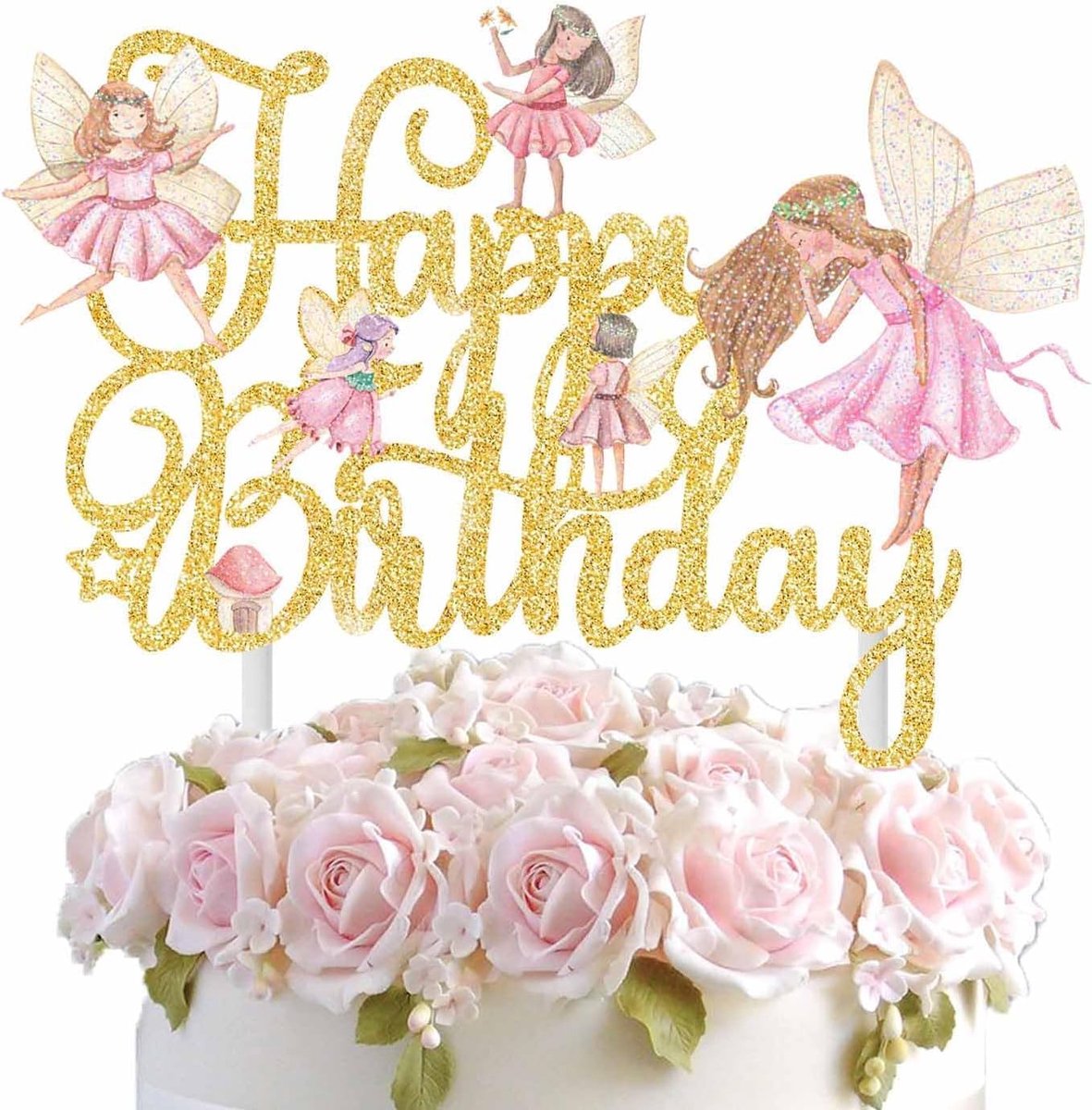 Taartdecoratie Glanzend Feeën Taarttopper Happy Birthday Taartdecoratie Voor Meisjes Kinderen Verjaardag Doop Feeënfeest Roze