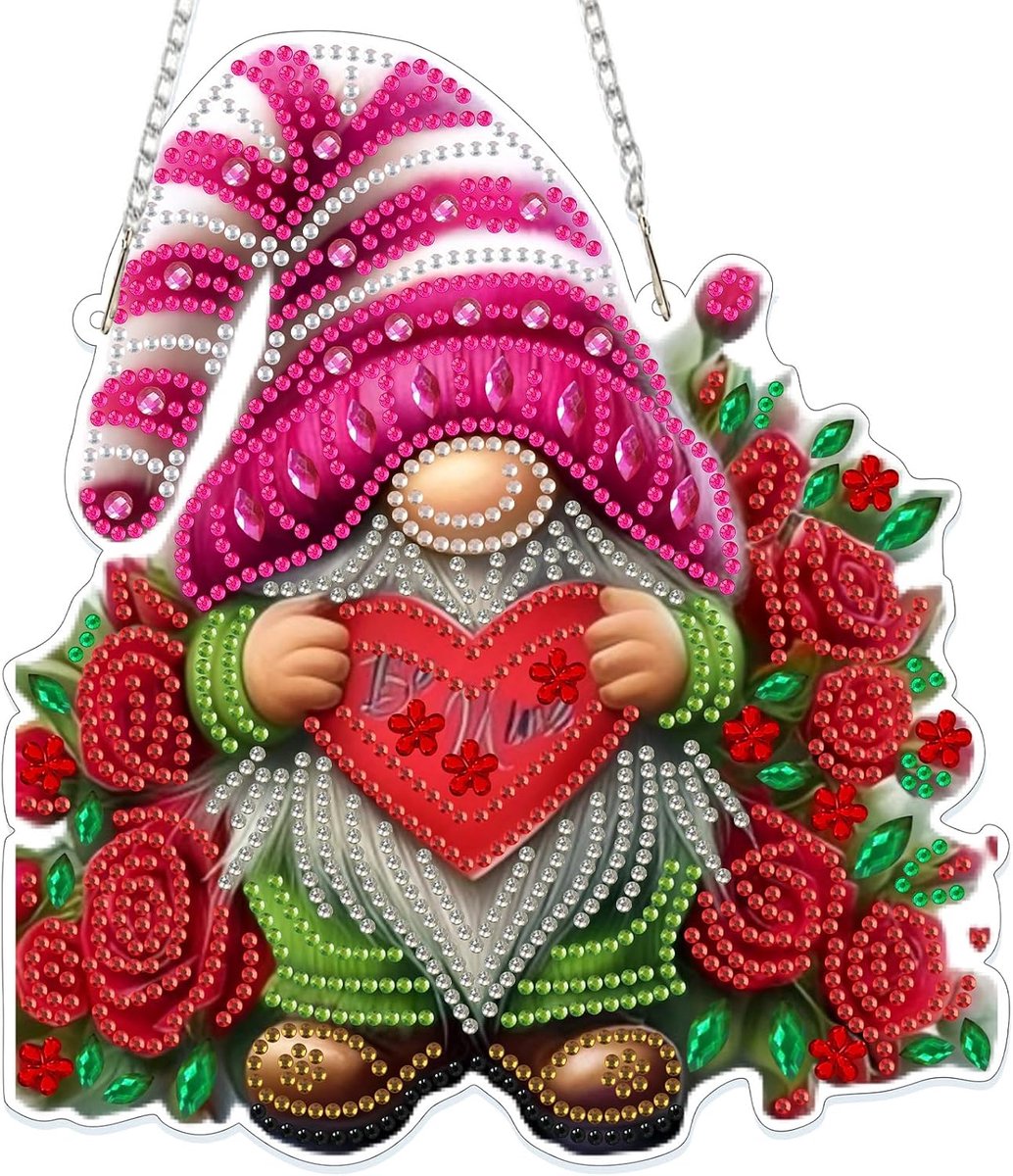 Kerstgnome Diamond Painting hanger, hangende diamantkunst voor kinderen en volwassenen, ornament knutselset voor cadeau meisjes 7-12 jaar raamafbeeldingen, wanddecoratie