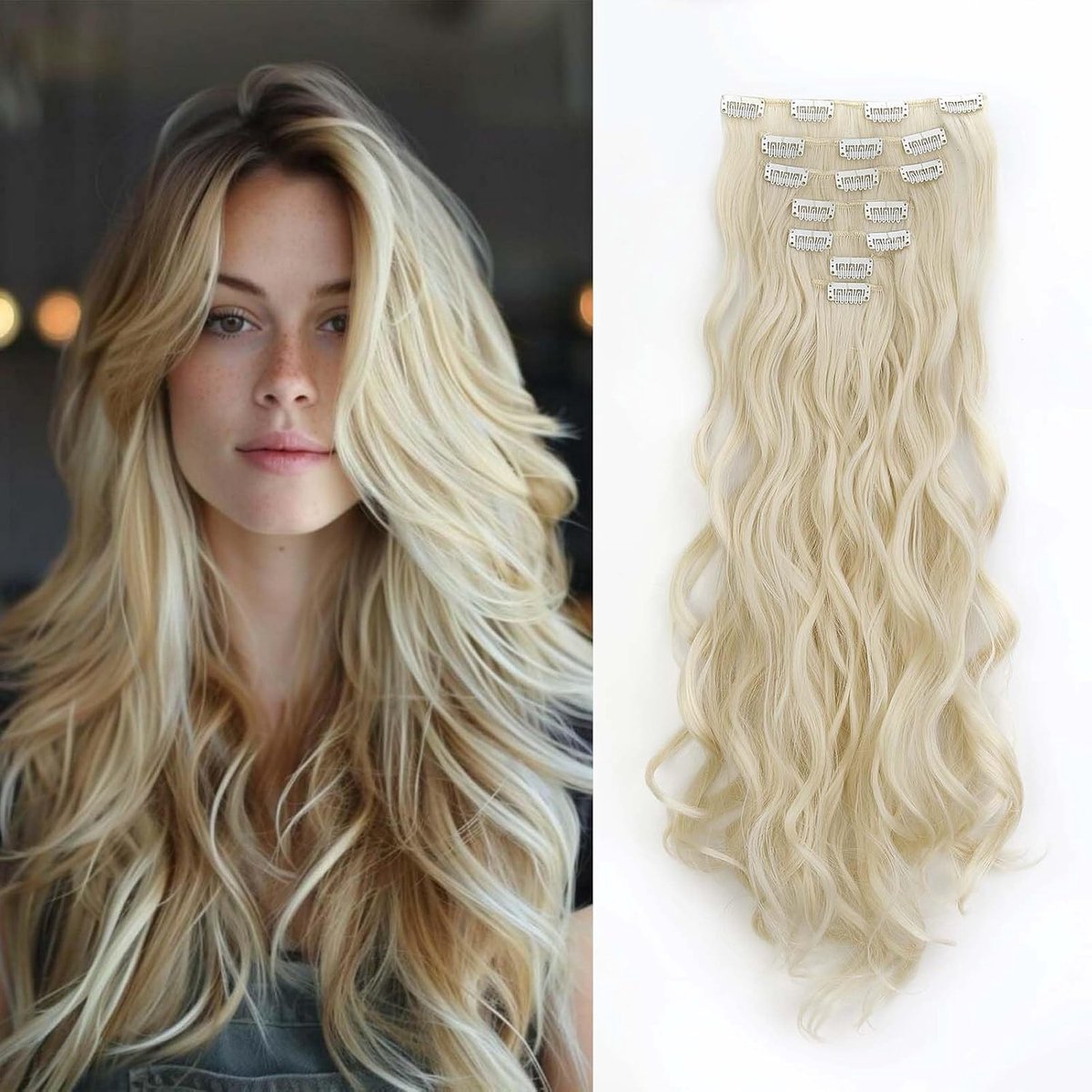 50 cm Clip-in extensions Haarstuk Haarverlenging als echt haar Krullen 7 banen Clip-in haarverlenging Haarverlenging Golvend Voordelig Synthetisch haar Golvend Lang, Bleekblond
