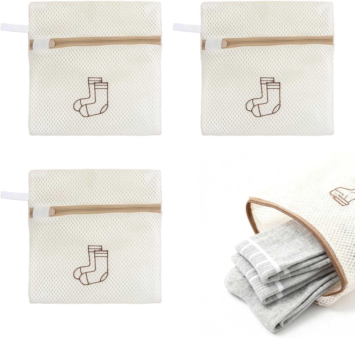 waszakken voor sokken 3 stuks – net mesh waszakken met rits – fijnwas zakken voor wasmachine – wit – beschermt sokken en delicate kleding tijdens het wassen