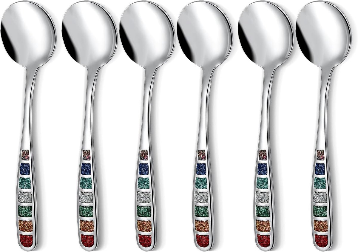 Soeplepels, roestvrij staal creatieve kleurrijke emaille lepel drinklepel, vaatwasmachinebestendig desinfectiekast Set van 6