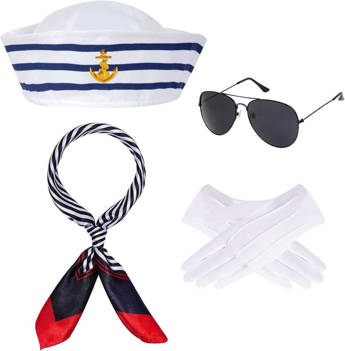 blauw en wit gestreept, verstelbare matrozenmuts met sjaal, witte handschoenen, zonnebril, matrozenkostuum voor dames en heren, voor themafeest, cosplay, carnaval