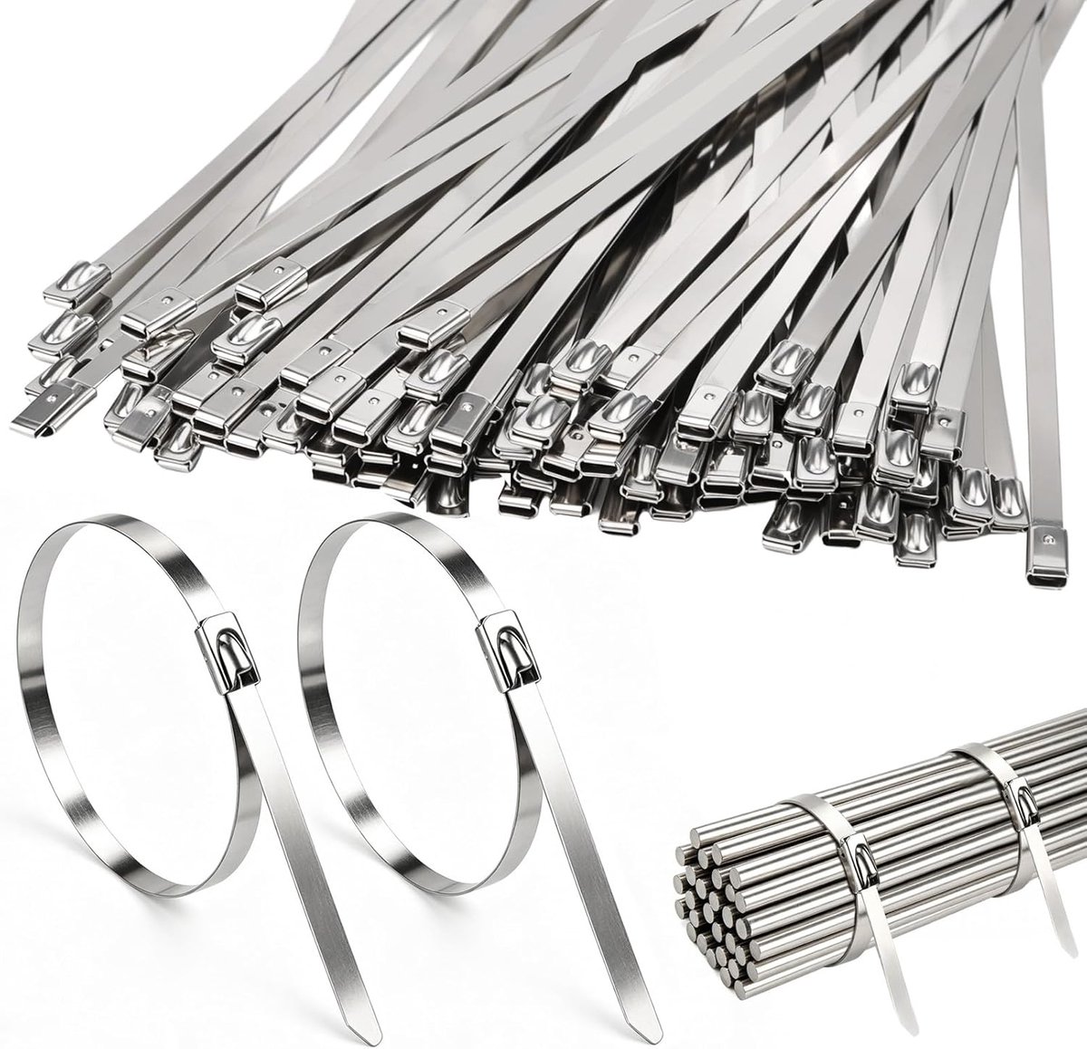 Kabelbinders 300 × 4,6 mm,100 Stuks 304 RVS Ritsbanden Metalen Kabelbinders voor Hekwerkreparatie Draadbundeling Kabelmanagement Zilverkleurig