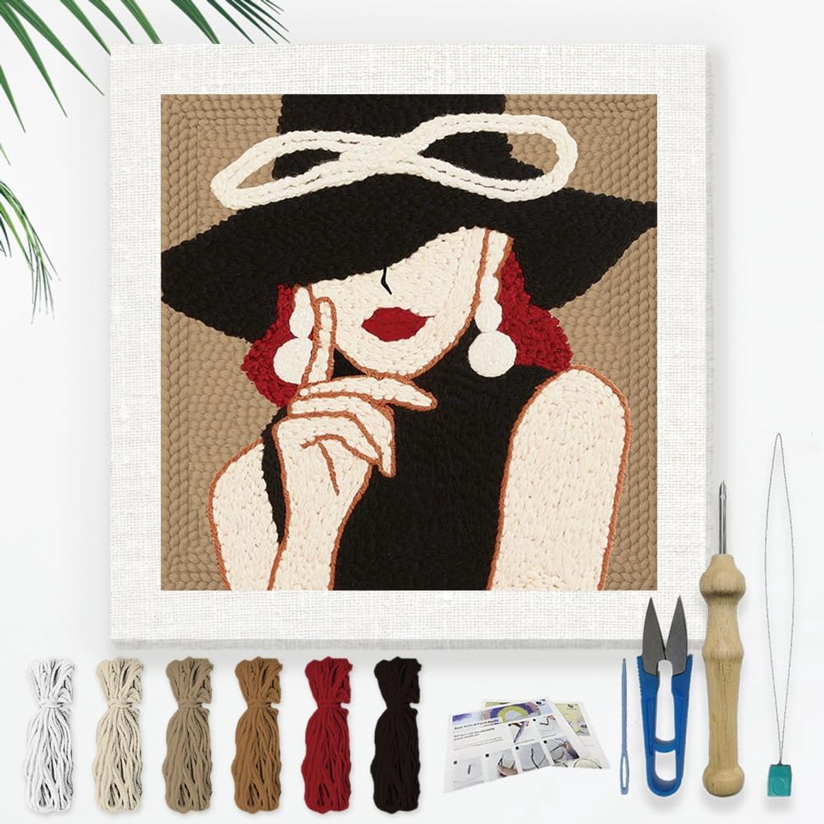 Moderne Dame met Hoed DIY Ponsnaald Borduurset voor Volwassen Beginners, 24 cm Pons Borduurwerk Knutselset voor Starters met Frame, Stofpatroon, Rijgnaald, Garen, Ponsnaald