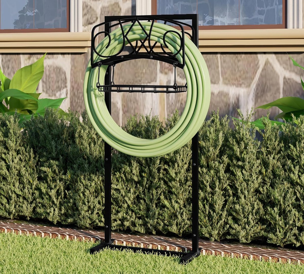 tuinslangorganizer met zwarte gepoedercoate afwerking - Heavy-Duty afneembare slangstandaard voor 150FT slang, inclusief opbergmand en montagegereedschap voor buitengebruik
