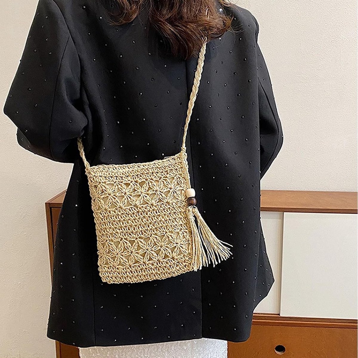 Strotas voor dames, stro-schoudertas met kwastjes, stro, handtas, crossbody tas, geweven handgemaakte boho-tas, retro strandtas voor zomer, vakantie, strand, reizen