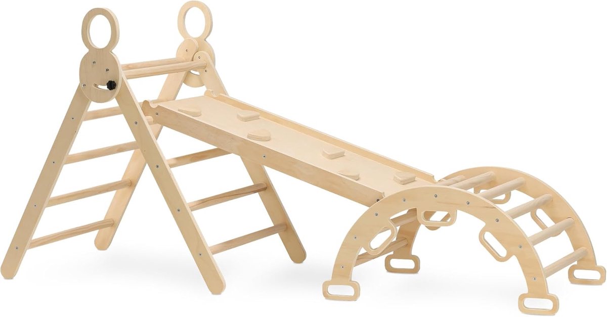 Montessori Indoor speelset voor peuters en kinderen - klimwand, 5-in-1 klimdriehoek, driehoek, opvouwbaar peuterklimspeelgoed, hout voor 3-8 jaar, glijbaan, boog - natuur