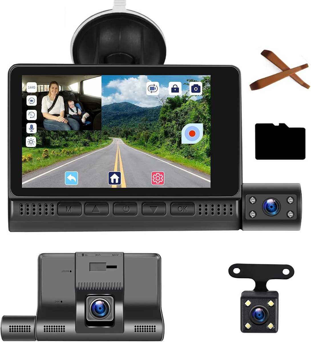 SnelShoppen - Dashcam FHD autocamera 4 inch Full HD 1080P touchscreen met 3 camera loop-opname, WDR Super nachtzicht, G-sensor, parkeermonitor, bewegi