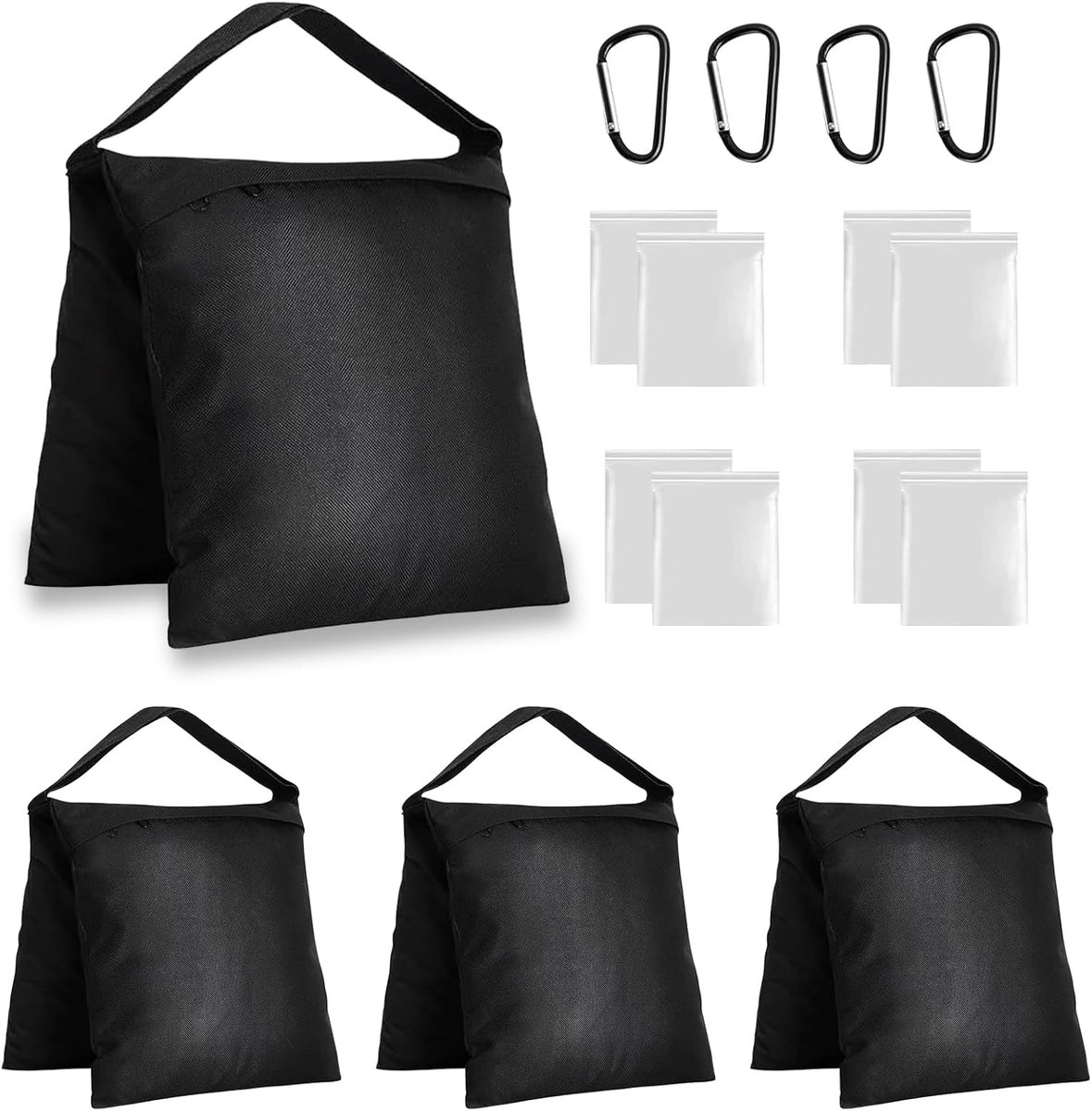 Zandzak 4 stuks voor verzwaring, 59 x 27 cm met haak voor statief | 600D Oxford, versterkte naden tot 12 kg, 4 haken, 8 binnenzakken, voor statief, tent, fitness
