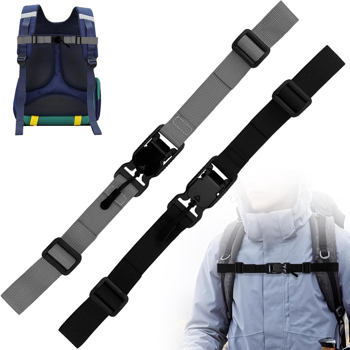 2 stuks verstelbare borstband voor rugzak, magneetgesp, antislip, snelsluiting, borstband, rugzak, reserveriemen voor wandelen, schooltassen (zwart, grijs)