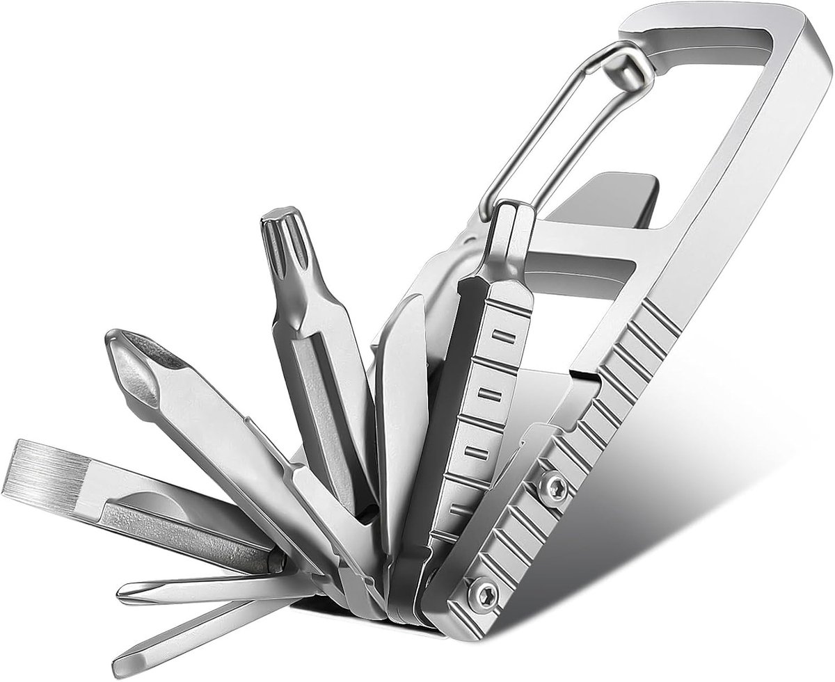 12-in-1 multitool sleutelhanger, roestvrij stalen zak opvouwbare EDC-gadgets, multitool voor schroevendraaierbits, flesopener en reparatiegereedschap, gereedschap, geschenken voor mannen