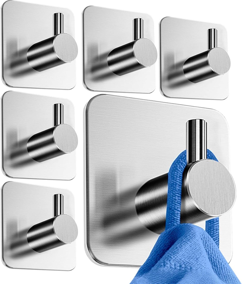 Zelfklevende haken, 6 stuks badjashaken, roestvrij staal, zelfklevende handdoekhouder, geen boren, badjashaken voor keuken, badkamer, toilet, kantoor