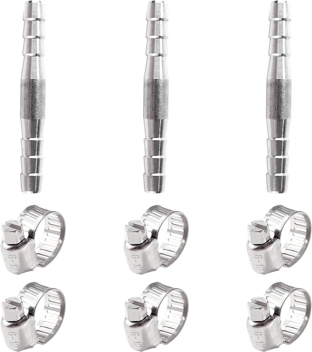3 Stuks 6mm 2-Weg Slangpilaar Rechte Connector, RVS Rechte Slangtule, 2-Weg Slangaansluiting Recht, met 6 Stuks Klemmen, voor Lucht, Gas, Water, Brandstof