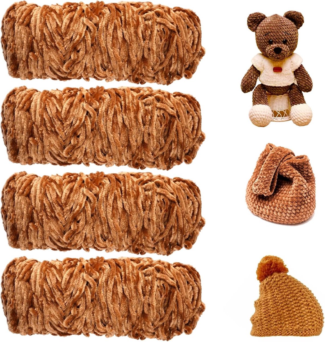 4 X 100 g Fluwelen Chenillewol Om te Haken, voor Sjaal, Deken (Marrone) | 400 g Super Wollige Zacht Chenille-Garen, Premium Zachte Haakgaren, voor Trui, Dekens, Tassen, Crochet Chunky Ya