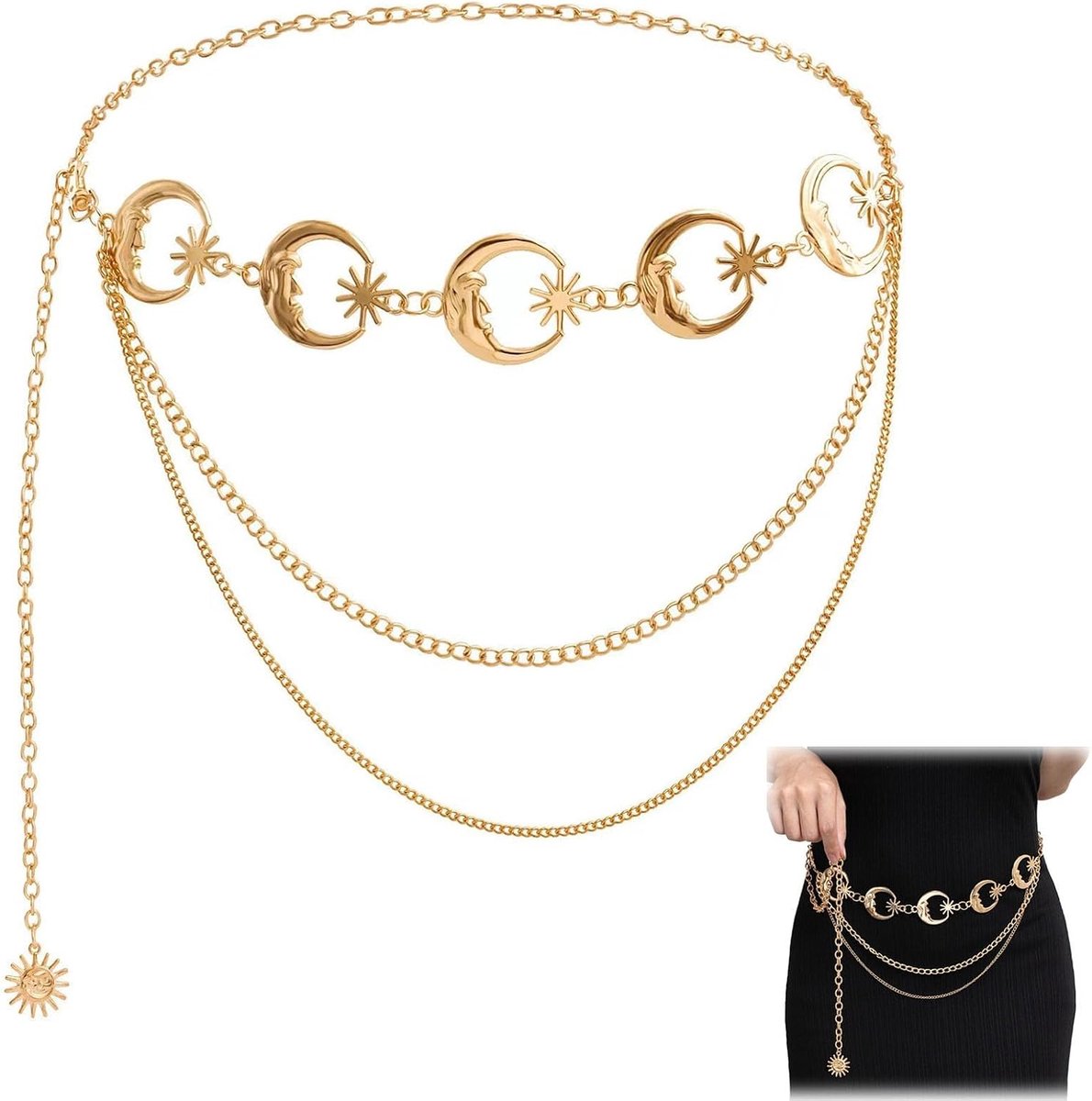 dames met maan, ster en zon hanger – gouden metalen tailleketting 120cm – verstelbaar – modieuze riem voor jurk, jeans en bikini