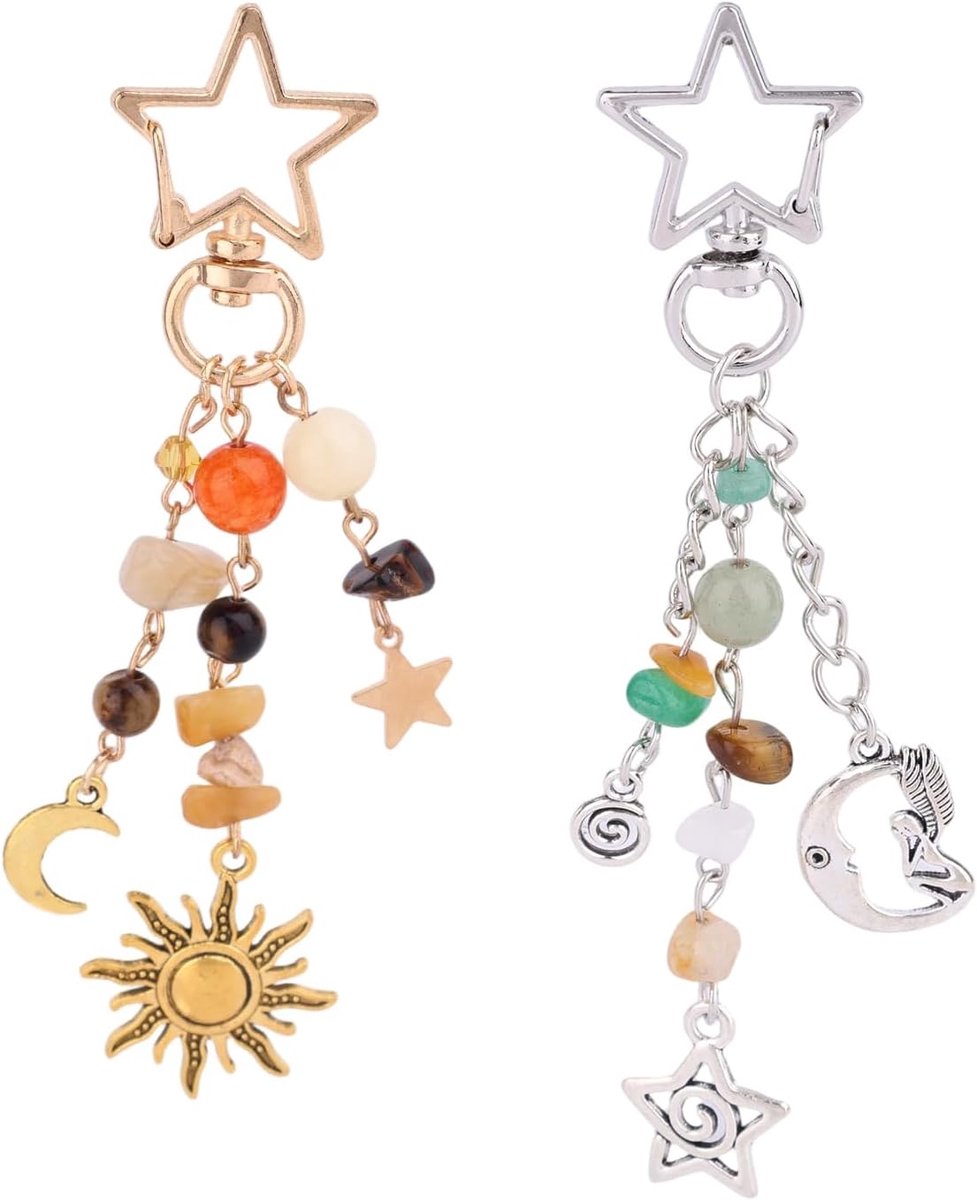 2 Stuks Zon Maan Ster Sleutelhangers, Goud & Zilver Y2K Esthetisch Tas Sleutelhanger Charm met Hemelse Hangers voor Vrouwen Mannen