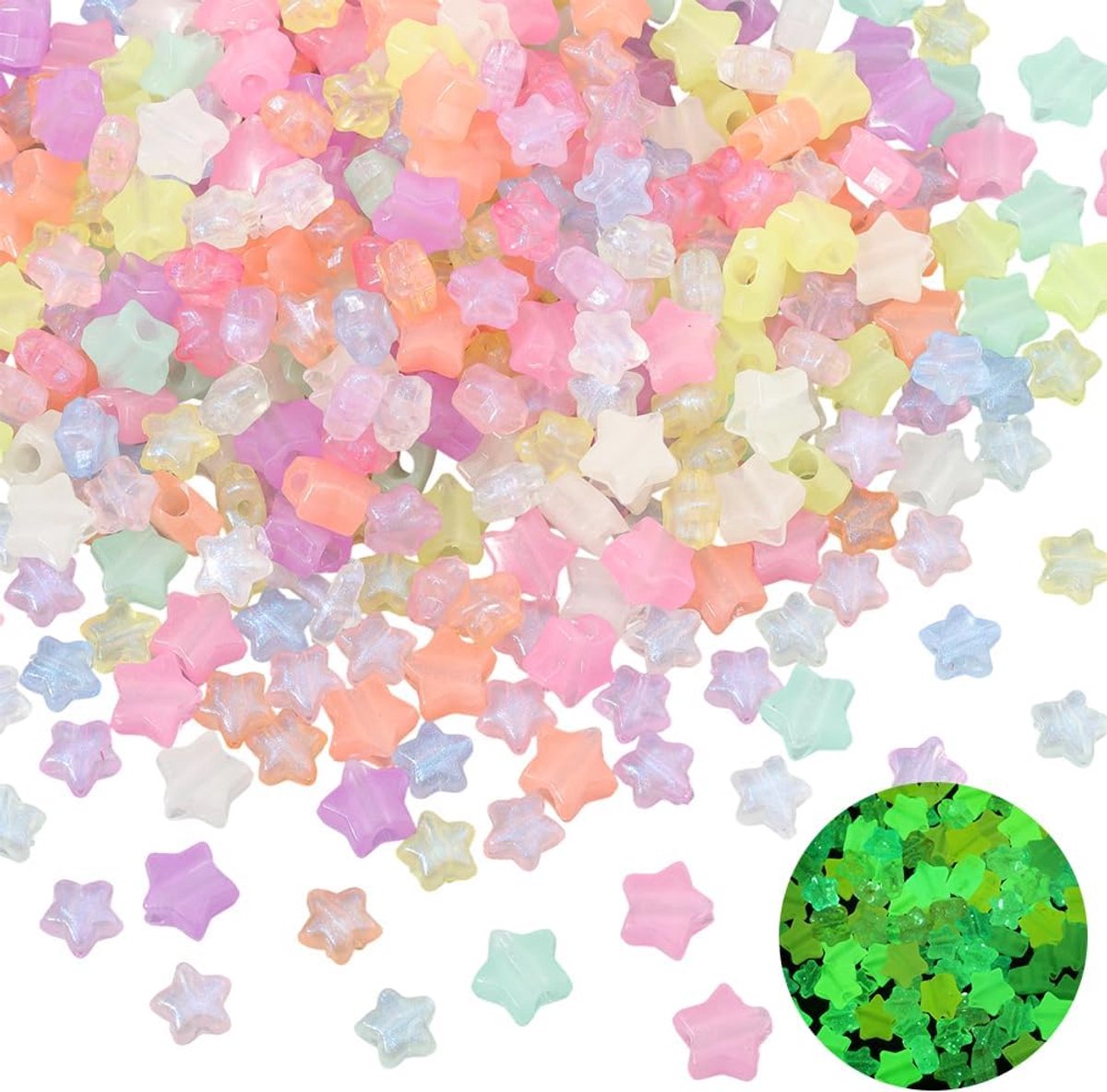400 stuks kleurrijke fosforescerende stervormige kralen in pentagramvorm, los, acryl, glitter, stervorm, bulk, voor het maken van sieraden