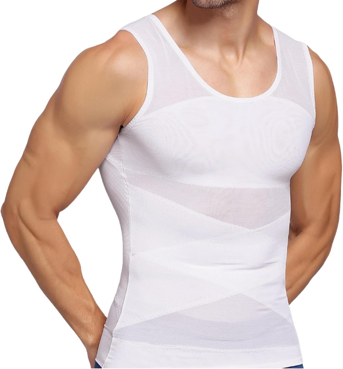 onderhemd voor heren, compressie-tanktop, sportief compressieshirt voor lichaamsvorming en houdingsverbetering, met dubbellaags design en hoogwaardig mesh-weefsel, wit, XL