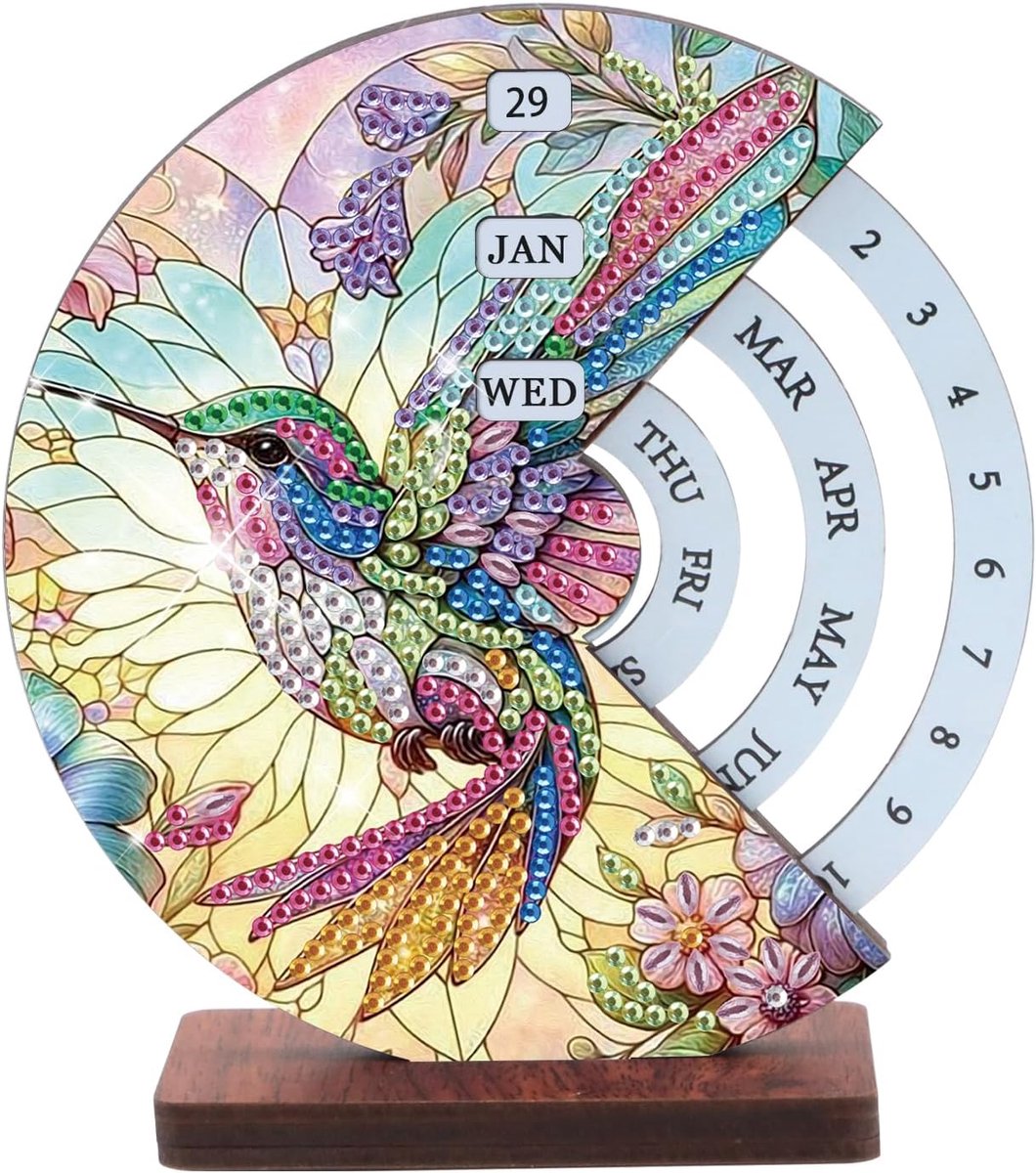 DIY Diamond Painting roterende permanente kalender, 9,5 x 14,9 cm, eeuwige kalender van hout, maanvorm, desktopkalender, 3D-tafelkalender voor tijdmanagement, tafeldecoratie, geschenken