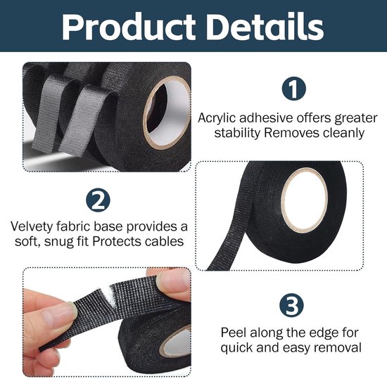 10 stuks kabelboom plakband, 19 mm x 15 m isolatietape voor kabelbundels textieltape, stoffen plakband, zelfklevend zwart, voor auto, huishouden, elektrisch — afbeelding 2