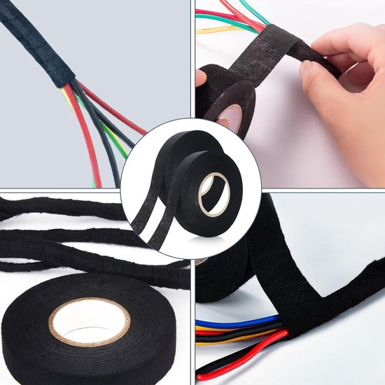 10 stuks kabelboom plakband, 19 mm x 15 m isolatietape voor kabelbundels textieltape, stoffen plakband, zelfklevend zwart, voor auto, huishouden, elektrisch — afbeelding 5